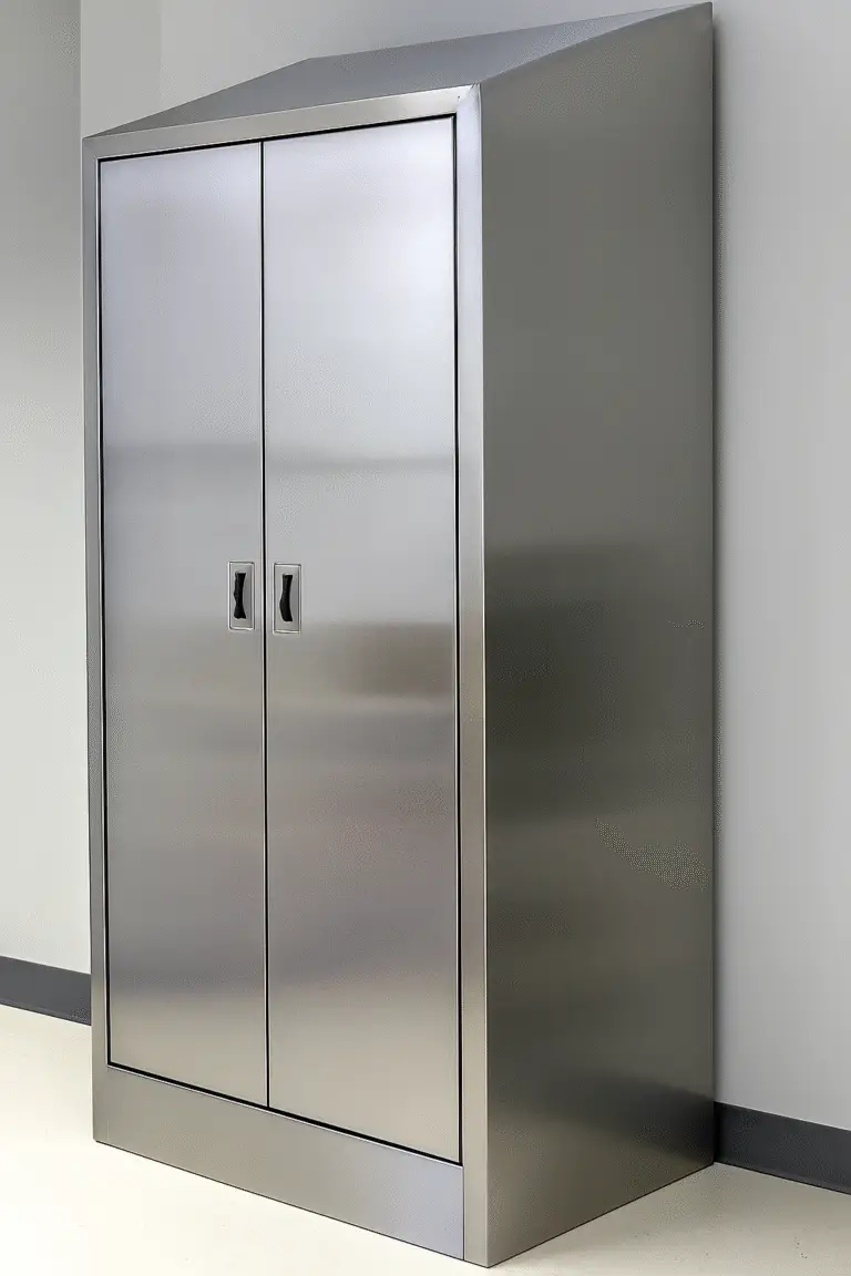Stainless steel tall storage cabinet with double doors and sloped top for cleanroom applications