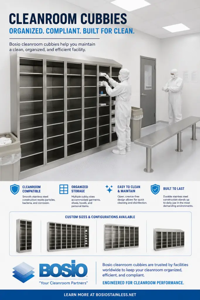 Bosio Stainless stainless steel cleanroom cubbies for organized gowning and storage