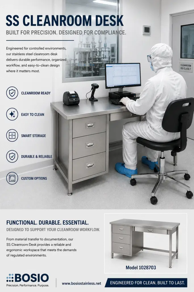 Bosio Stainless stainless steel cleanroom desks for pharmaceutical and controlled environments