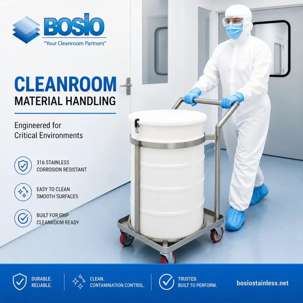 Bosio Stainless stainless steel cleanroom dolly with handle for material transport