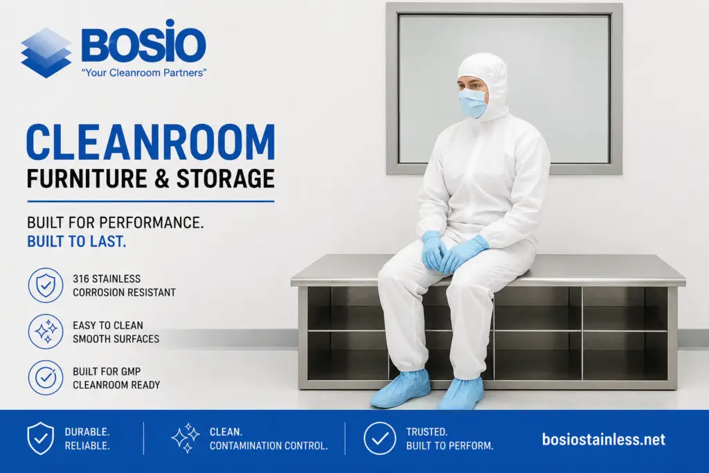 Bosio Stainless stainless steel cleanroom gowning benches for pharmaceutical and controlled environments