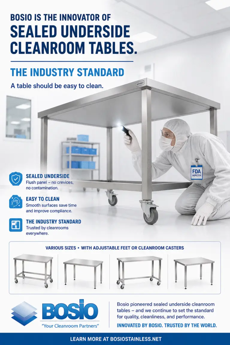 Bosio sealed underside stainless steel cleanroom tables with adjustable feet and casters